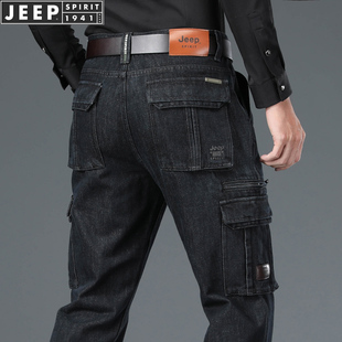 jeep吉普秋冬厚款多口袋，牛仔裤男士户外工装裤，宽松直筒牛仔长裤子