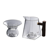 玻璃公道杯茶漏套装四方观山公杯带手柄分茶器茶滤器透明木把茶具