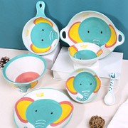 amh卡通儿童陶瓷碗釉下彩，手绘大象图案家用餐具，组合米饭碗辅食碗