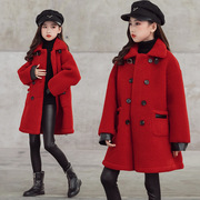 定制韩国冬季加厚羊羔绒中长款加绒毛呢外套女童拜年服外套大