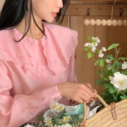 韩国rumiru荷叶边衬衫甜美气质双层娃娃领长袖衬衣女