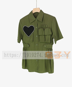 129乌系列 军绿色垫肩心形工装风短袖衬衫 镶钻收腰宽松 