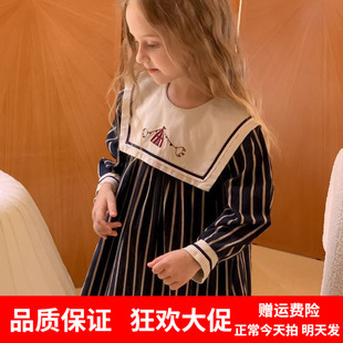 女童学院风连衣裙韩国童装2023秋款儿童洋气刺绣海军领条纹背心裙