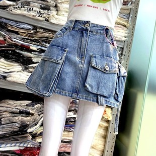 地球店蓝色复古立体口袋牛仔裙女夏季小个子设计感a字半身裙