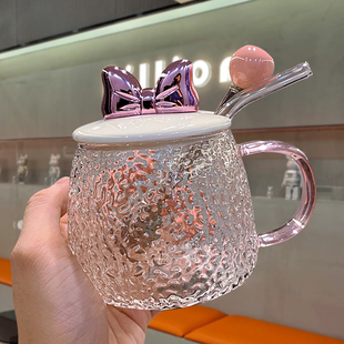 夏天水杯创意蝴蝶结玻璃杯耐高温马克杯带盖女生办公室咖啡花茶杯