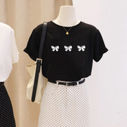 韩版黑色蝴蝶结短袖，t恤女薄款宽松上衣夏季2024减龄体恤