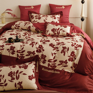 高定全棉数码印花床上用品，100s长绒棉红色结婚被套床单床笠四件套