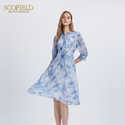Scofield女装时尚飘带领水墨链条印花收腰连衣裙秋季裙子