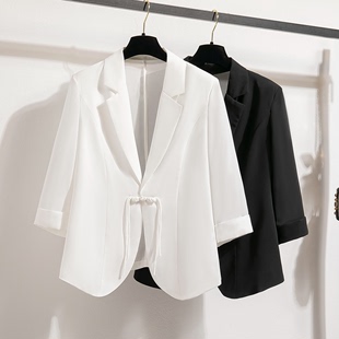 白色雪纺小西装外套女夏季2024设计感气质盘扣七分袖西服上衣