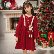 女童红色连衣裙秋冬大童裙子加绒冬裙圣诞公主裙儿童过年喜庆衣服