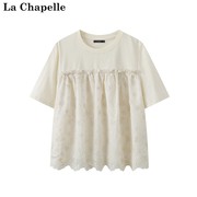 拉夏贝尔lachapelle春夏，米白色拼接蕾丝，t恤女花朵短袖上衣