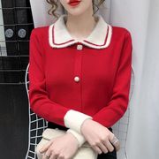 加厚毛衣女2022秋冬红色娃娃领针织打底衫学生小个子百搭上衣
