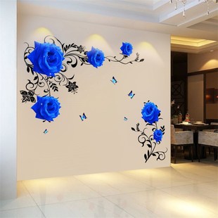 蓝玫瑰房间墙壁装饰品卧室，墙面3d立体墙贴画贴，花墙画自粘墙纸贴纸