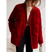 红色新中式国风羽绒服女冬加厚2024款欧货宽松高端丝绒白鸭绒(白鸭绒)外套