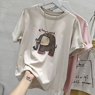 韩系高品刺绣卡通大象印花短袖T恤女2024夏季洋气减龄半袖上衣潮