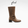 fed棕色时装靴冬季靴子，粗跟中筒靴真皮瘦瘦靴女款r1128-ys006