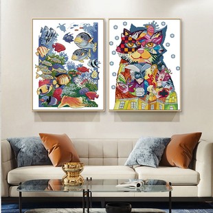 高端棉线印花十字绣动物系列，热带鱼艺术猫，diy刺绣客厅装饰画