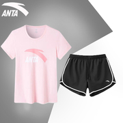 安踏运动套装女夏季透气跑步服粉色女装短袖短裤两件套