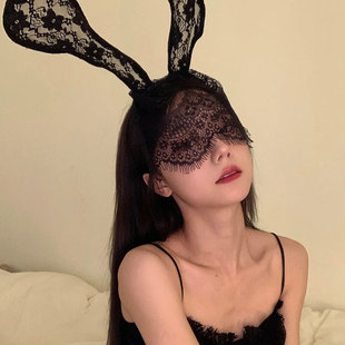 性感蕾丝兔耳朵发箍眼罩网红发卡面纱猫耳头箍遮脸面罩网纱头饰女