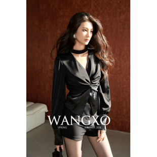 WANGXO丨高定贵感哑光华尔缎丨V领挂脖收腰拼接设计感长袖衬衫女