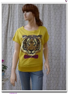夏季套头圆领连肩蝙蝠袖老虎，动物图案短袖棉质t恤衫甜美黄色创意