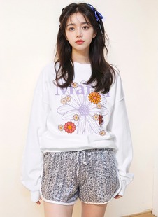 秋季韩国mardi金高银同款小雏菊花朵印花套头衫，长袖卫衣男女