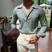 鹿三先生夏季英伦古巴领长袖，休闲衬衫纯色竹纤维，千鸟格时尚衬衣男