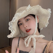 草帽ins韩版系带镂空草编帽女夏出游(夏出游)防晒沙滩太阳帽蕾丝边遮阳帽