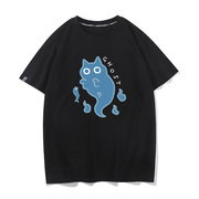 秀洛幽灵猫猫咪蓝色鬼魂宽松短袖T恤男日系潮牌男纯棉衣服打底衫