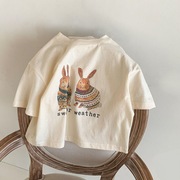 h小哇家童装可爱女童，宝宝短袖韩版兔子，印花t恤半袖上衣薄