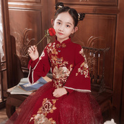女童红色连衣裙秋冬长袖，花童小女孩中国风，唐装礼服儿童汉服公主裙
