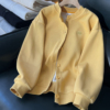 黄色加绒加厚卫衣短外套女秋冬宽松大码休闲棒球服摇粒绒开衫上衣