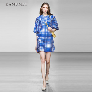 kamumei夏季女装2024气质，天蓝色泡泡袖收腰显瘦格纹连衣裙女