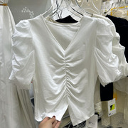 设计感V领褶皱泡泡袖短袖T恤女2024洋气雪纺拼接打底小衫上衣