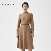LANCY/朗姿2023冬季半高领针织连衣裙女收腰显瘦羊毛长袖裙子
