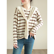 代勒原创文艺针织衫女秋季长袖薄款撞色条纹假两件套头毛衣披肩
