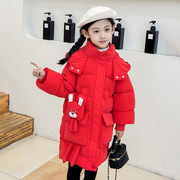 女儿童加绒加厚中长款棉衣大红色冬装6七到十岁学生8女孩休闲外套