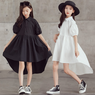 女童连衣裙夏装2024中大童，黑色白色礼服衬衣裙，前短后长燕尾裙