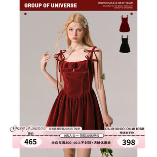银河万岁玫瑰色的圣诞，法式新年战袍红色，丝绒吊带连衣裙裙子