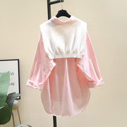 白色披肩粉色衬衫女春装2024年韩版宽松中长款衬衣两件套上衣