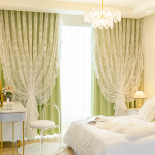 法式复古双层蕾丝洛可可纱帘抹茶绿客厅卧室飘窗遮光布纱一体窗帘