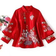唐装女装中国风秋季复古民族，风刺绣绣花红色中式盘扣改良旗袍上衣