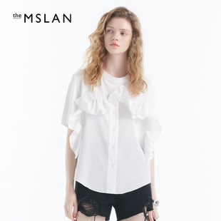 不易透MSLAN春夏甜美白色短袖立体荷叶边雪纺衫衬衫MEBV1502