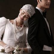 复古新娘头纱白色帽纱蕾丝珍珠结婚旅拍照跟妆配饰影楼造型发饰品
