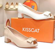 KISSCAT接吻猫2024春粗跟鱼嘴羊皮蝴蝶结低跟女鞋单鞋KA54146-10