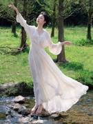 白色连衣裙女2023夏季长袖，法式仙女款雪纺质感，高级感v领长裙
