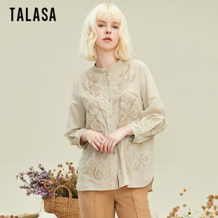 talasa商场同款纯棉刺绣立领衬衫，女2024春民族风设计百搭时尚