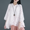 中国风立领透明提花，七分袖双层棉麻上衣复古中式衬衫，禅茶服文艺范