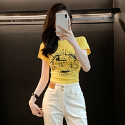 黄色小圆领T恤街头复古插肩短袖女生夏季修身显瘦小个子青春