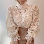 韩国chic秋季复古法式小众设计感宫廷风上衣蕾丝立领长袖衬衫女